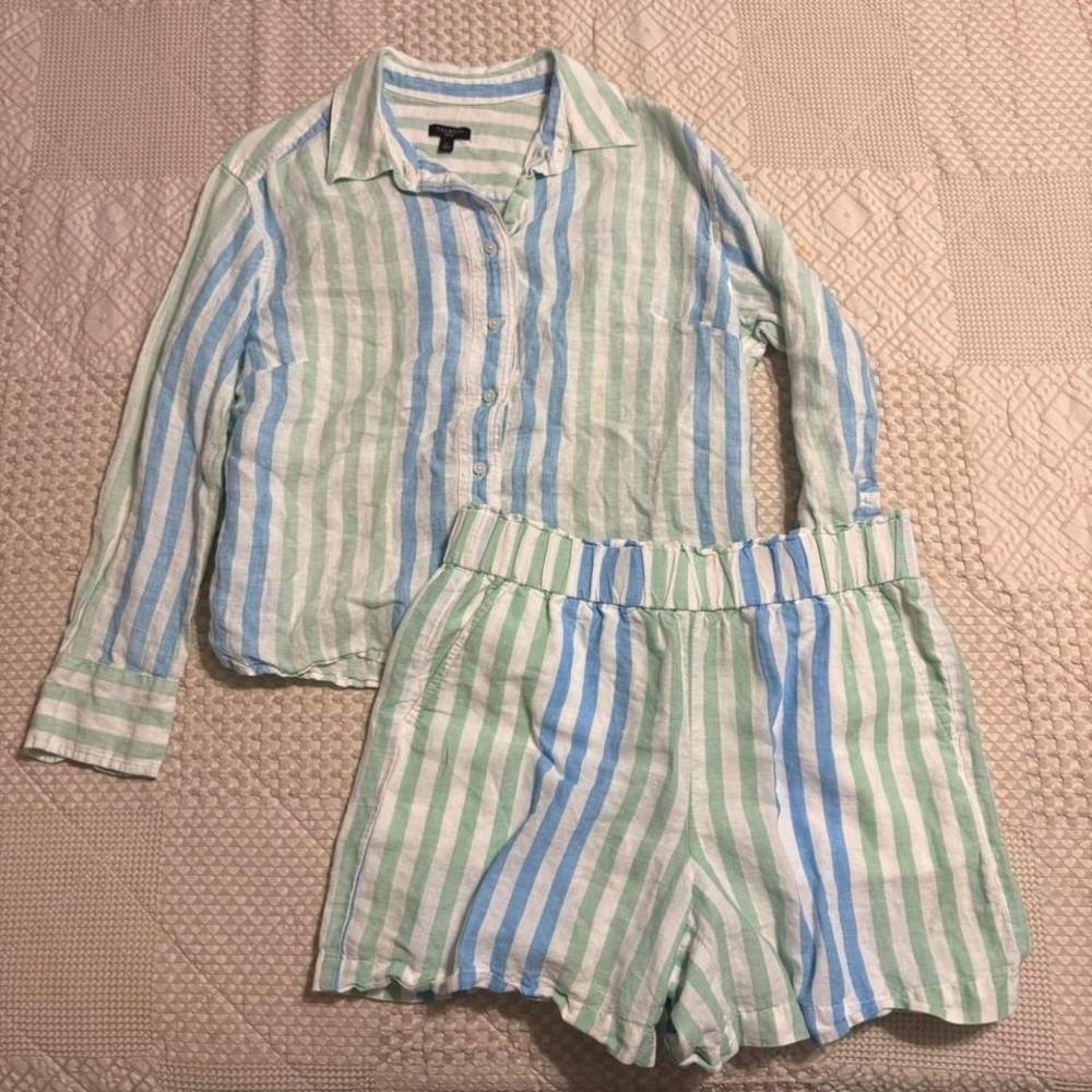 Talbots blue and green striped linen Button Up & Shorts Set